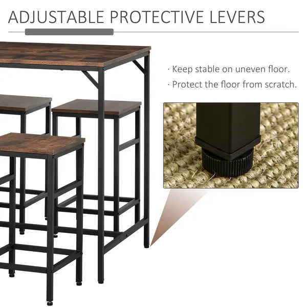 5-Piece Dining Table Set, Industrial Bar Table and 4 Stools, Space-Saving, Rustic Brown/Black for Pub and Kitchen - product image 6