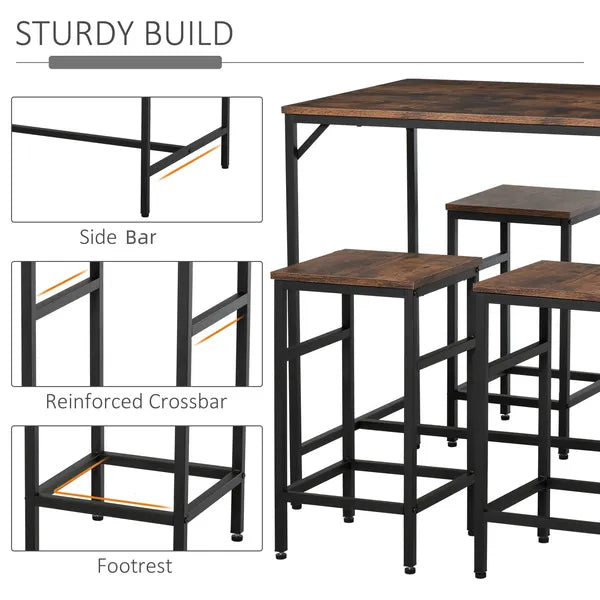 5-Piece Dining Table Set, Industrial Bar Table and 4 Stools, Space-Saving, Rustic Brown/Black for Pub and Kitchen - product image 5