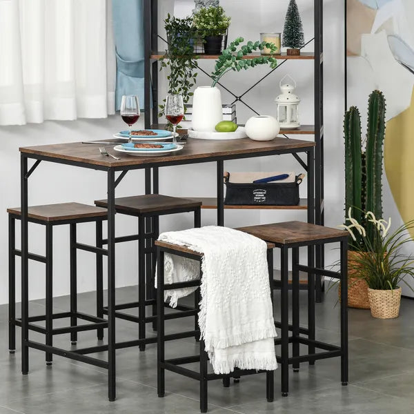 5-Piece Dining Table Set, Industrial Bar Table and 4 Stools, Space-Saving, Rustic Brown/Black for Pub and Kitchen - product image 16
