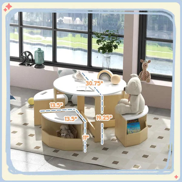 Qaba 5 Piece Kids Table and Chairs Set with Storage, White, for Art, Craft, Drawing, Playroom, Classroom, Nursery - product image 3