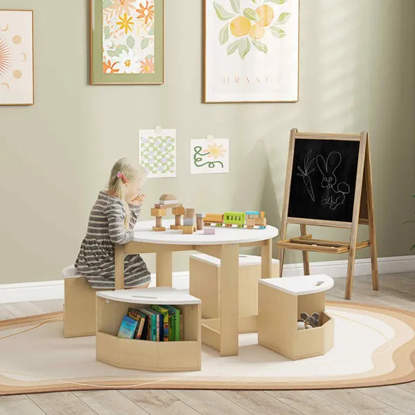 Qaba 5 Piece Kids Table and Chairs Set with Storage, White, for Art, Craft, Drawing, Playroom, Classroom, Nursery - product image 2