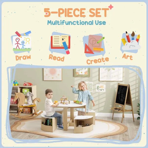 Qaba 5 Piece Kids Table and Chairs Set with Storage, White, for Art, Craft, Drawing, Playroom, Classroom, Nursery - product image 4