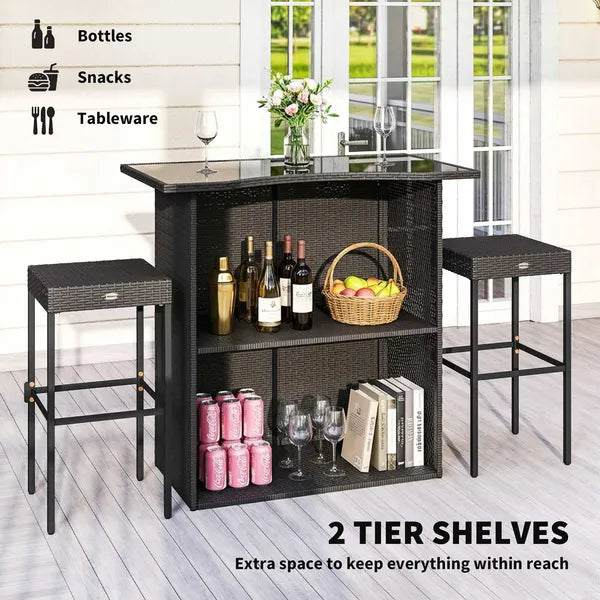 Outsunny 5 Piece Rattan Wicker Bar Set, High Top Outdoor Table and Chairs, Bar Height Patio Set, 2 Shelves and 4 Bar Stools, Brown - product image 3