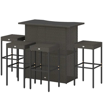 Outsunny 5 Piece Rattan Wicker Bar Set, High Top Outdoor Table and Chairs, Bar Height Patio Set, 2 Shelves and 4 Bar Stools, Brown - product image 1