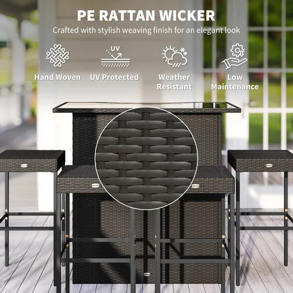 Outsunny 5 Piece Rattan Wicker Bar Set, High Top Outdoor Table and Chairs, Bar Height Patio Set, 2 Shelves and 4 Bar Stools, Brown - product image 4