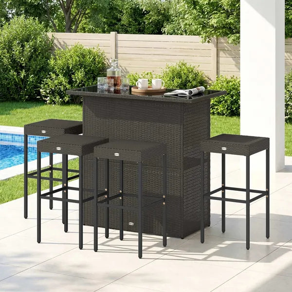 Outsunny 5 Piece Rattan Wicker Bar Set, High Top Outdoor Table and Chairs, Bar Height Patio Set, 2 Shelves and 4 Bar Stools, Brown - product image 7