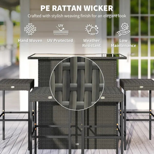 5 Piece Rattan Wicker Bar Set, High Top Outdoor Table and Chairs, Bar Height Patio Set, 2 Shelves and 4 Bar Stools, Gray - product image 4