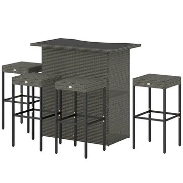 5 Piece Rattan Wicker Bar Set, High Top Outdoor Table and Chairs, Bar Height Patio Set, 2 Shelves and 4 Bar Stools, Gray - product image 1
