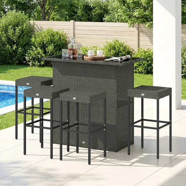 5 Piece Rattan Wicker Bar Set, High Top Outdoor Table and Chairs, Bar Height Patio Set, 2 Shelves and 4 Bar Stools, Gray - product image 7