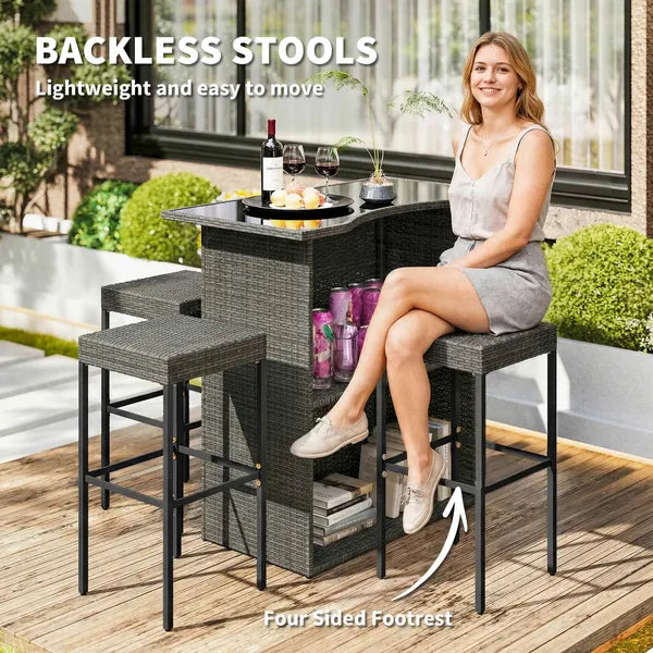 5 Piece Rattan Wicker Bar Set, High Top Outdoor Table and Chairs, Bar Height Patio Set, 2 Shelves and 4 Bar Stools, Gray - product image 6