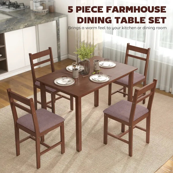 HOMCOM 5-Piece Solid Wood Dining Table Set for 4, Farmhouse Kitchen Table with Upholstered Chairs for Dining Room, Light Brown - product image 4