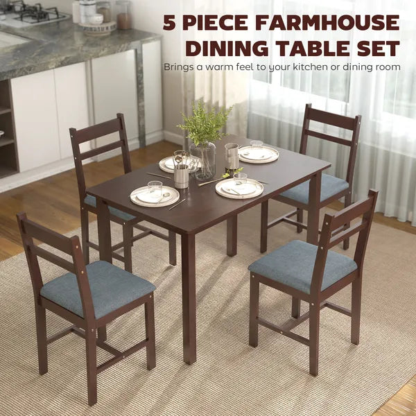 HOMCOM 5-Piece Solid Wood Dining Table Set for 4, Farmhouse Kitchen Table with Upholstered Chairs for Dining Room, Walnut - product image 4