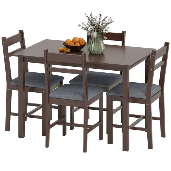 HOMCOM 5-Piece Solid Wood Dining Table Set for 4, Farmhouse Kitchen Table with Upholstered Chairs for Dining Room, Walnut - product image 1