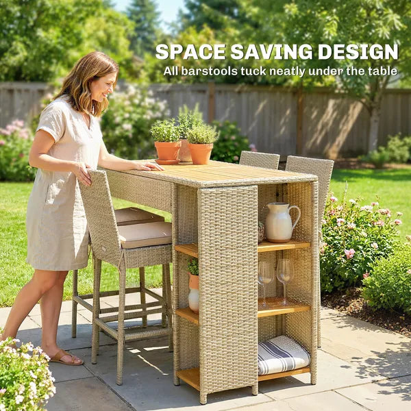 Outsunny 5 Piece Wicker Outdoor Bar Set, Acacia Wood Outdoor High Top Table and Chairs with 3 Tier Shelves, Cushions, Brown - product image 9