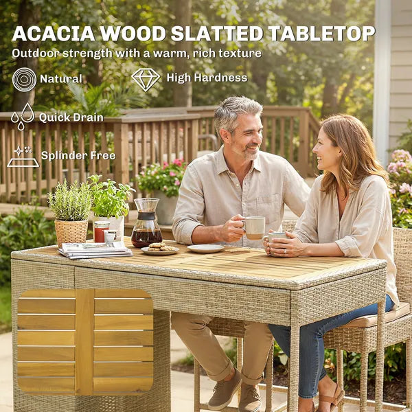 Outsunny 5 Piece Wicker Outdoor Bar Set, Acacia Wood Outdoor High Top Table and Chairs with 3 Tier Shelves, Cushions, Brown - product image 5