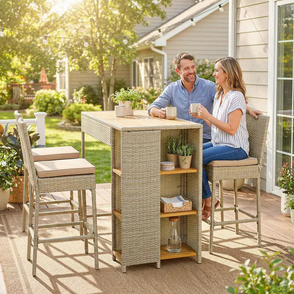 Outsunny 5 Piece Wicker Outdoor Bar Set, Acacia Wood Outdoor High Top Table and Chairs with 3 Tier Shelves, Cushions, Brown - product image 2