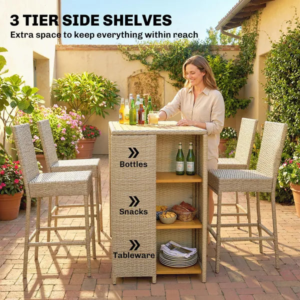 Outsunny 5 Piece Wicker Outdoor Bar Set, Acacia Wood Outdoor High Top Table and Chairs with 3 Tier Shelves, Cushions, Brown - product image 4