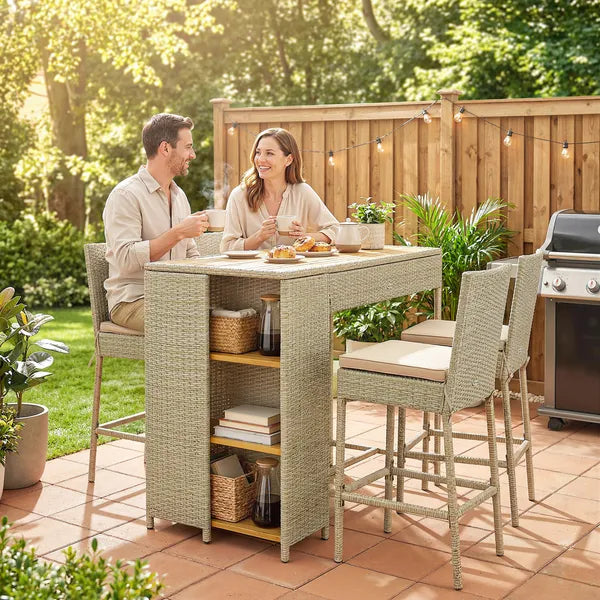 Outsunny 5 Piece Wicker Outdoor Bar Set, Acacia Wood Outdoor High Top Table and Chairs with 3 Tier Shelves, Cushions, Brown - product image 10