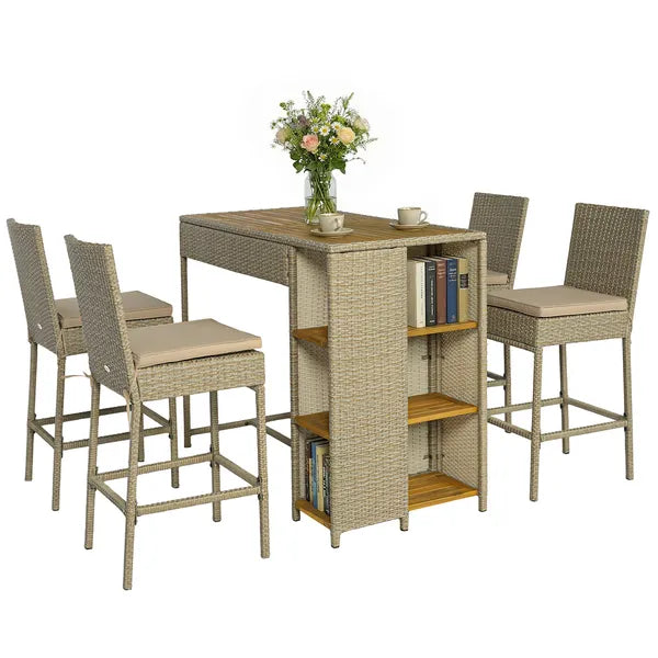 Outsunny 5 Piece Wicker Outdoor Bar Set, Acacia Wood Outdoor High Top Table and Chairs with 3 Tier Shelves, Cushions, Brown - product image 11