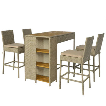 Outsunny 5 Piece Wicker Outdoor Bar Set, Acacia Wood Outdoor High Top Table and Chairs with 3 Tier Shelves, Cushions, Brown - product image 1