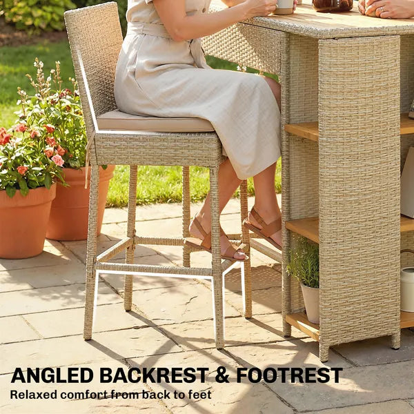 Outsunny 5 Piece Wicker Outdoor Bar Set, Acacia Wood Outdoor High Top Table and Chairs with 3 Tier Shelves, Cushions, Brown - product image 8