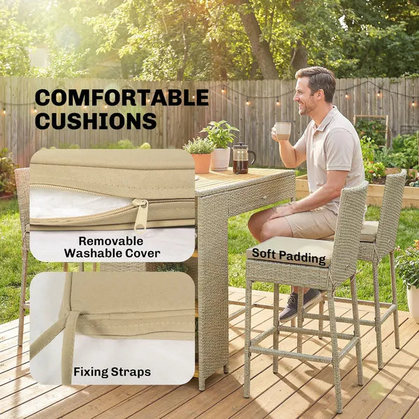 Outsunny 5 Piece Wicker Outdoor Bar Set, Acacia Wood Outdoor High Top Table and Chairs with 3 Tier Shelves, Cushions, Brown - product image 7
