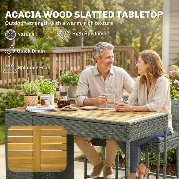 5 Piece Wicker Outdoor Bar Set, Acacia Wood Outdoor High Top Table and Chairs with 3 Tier Shelves, Cushions, Gray - product image 5