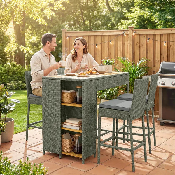 5 Piece Wicker Outdoor Bar Set, Acacia Wood Outdoor High Top Table and Chairs with 3 Tier Shelves, Cushions, Gray - product image 10
