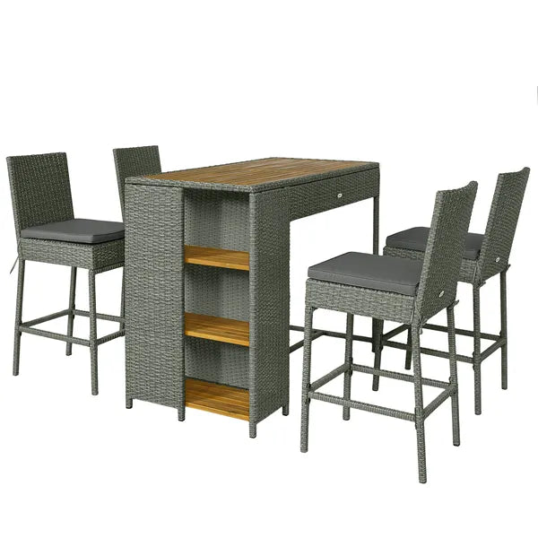 5 Piece Wicker Outdoor Bar Set, Acacia Wood Outdoor High Top Table and Chairs with 3 Tier Shelves, Cushions, Gray - product image 1