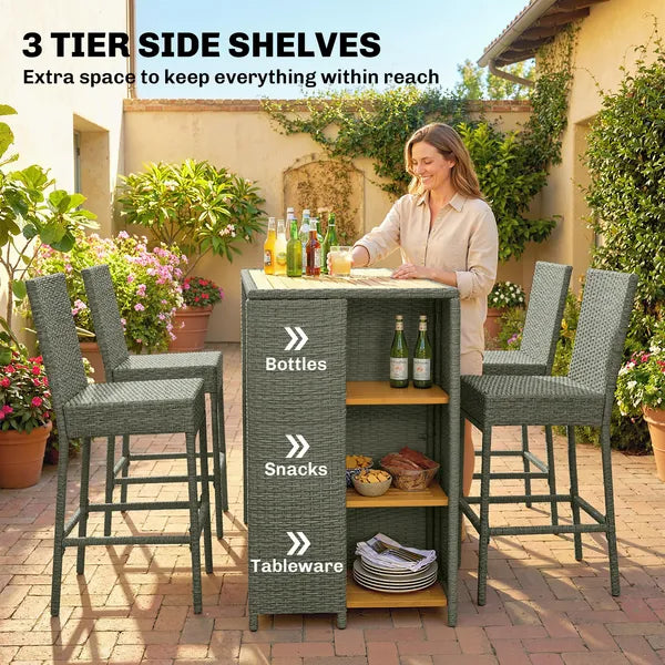 5 Piece Wicker Outdoor Bar Set, Acacia Wood Outdoor High Top Table and Chairs with 3 Tier Shelves, Cushions, Gray - product image 4