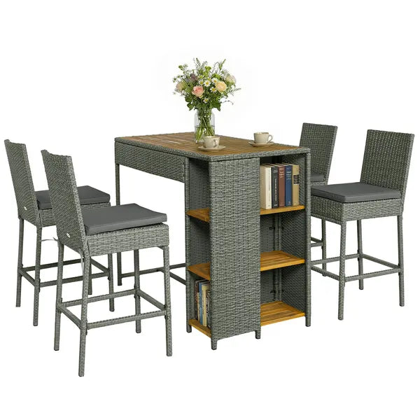 5 Piece Wicker Outdoor Bar Set, Acacia Wood Outdoor High Top Table and Chairs with 3 Tier Shelves, Cushions, Gray - product image 11
