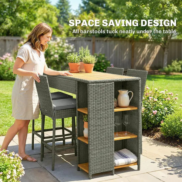 5 Piece Wicker Outdoor Bar Set, Acacia Wood Outdoor High Top Table and Chairs with 3 Tier Shelves, Cushions, Gray - product image 9