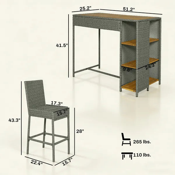 5 Piece Wicker Outdoor Bar Set, Acacia Wood Outdoor High Top Table and Chairs with 3 Tier Shelves, Cushions, Gray - product image 3