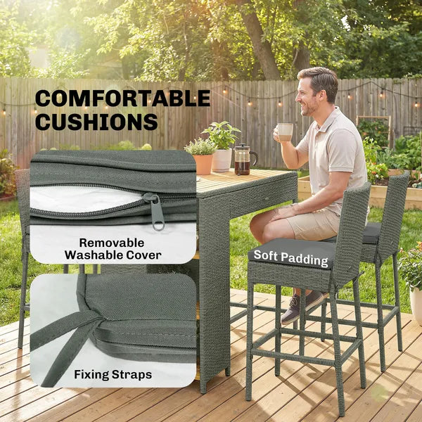 5 Piece Wicker Outdoor Bar Set, Acacia Wood Outdoor High Top Table and Chairs with 3 Tier Shelves, Cushions, Gray - product image 7