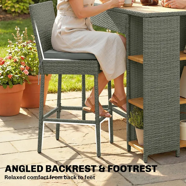 5 Piece Wicker Outdoor Bar Set, Acacia Wood Outdoor High Top Table and Chairs with 3 Tier Shelves, Cushions, Gray - product image 8
