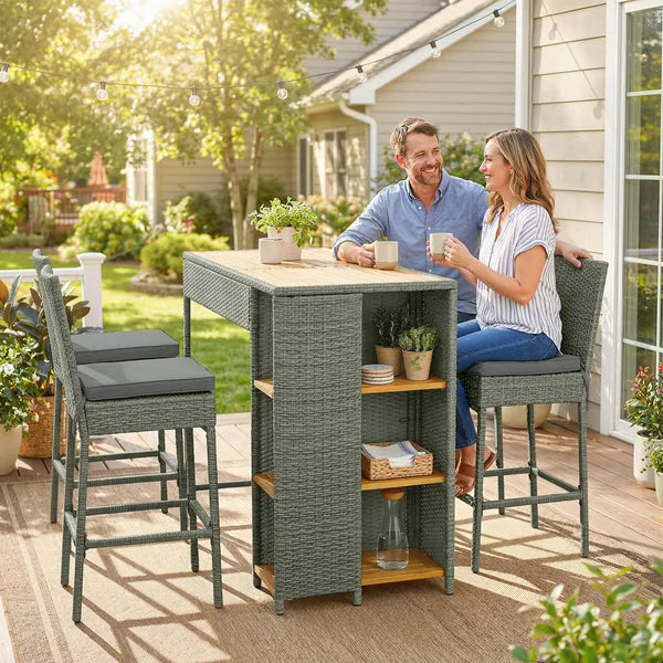 5 Piece Wicker Outdoor Bar Set, Acacia Wood Outdoor High Top Table and Chairs with 3 Tier Shelves, Cushions, Gray - product image 2