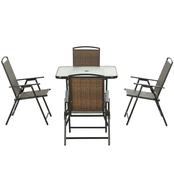 5 Pieces Patio Table and Chairs, Foldable Wicker Outdoor Dining Table Set with Umbrella Hole, Dark Brown - product image 1