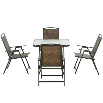 5 Pieces Patio Table and Chairs, Foldable Wicker Outdoor Dining Table Set with Umbrella Hole, Dark Brown - product image 1