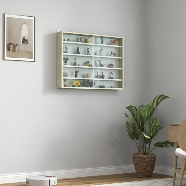 HOMCOM 5-Tier Display Cabinet, Wall-Mounted Display Case with 2 Glass Doors and Adjustable Shelves, Oak and White - product image 10