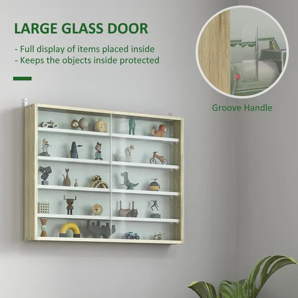 HOMCOM 5-Tier Display Cabinet, Wall-Mounted Display Case with 2 Glass Doors and Adjustable Shelves, Oak and White - product image 5