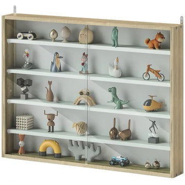 HOMCOM 5-Tier Display Cabinet, Wall-Mounted Display Case with 2 Glass Doors and Adjustable Shelves, Oak and White - product image 1