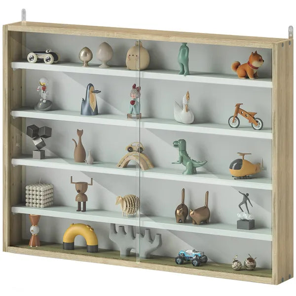 HOMCOM 5-Tier Display Cabinet, Wall-Mounted Display Case with 2 Glass Doors and Adjustable Shelves, Oak and White - product image 1
