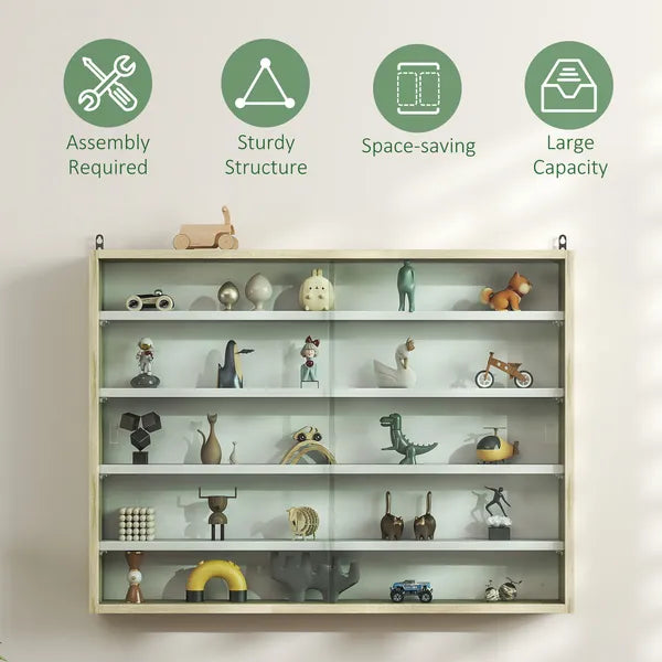 HOMCOM 5-Tier Display Cabinet, Wall-Mounted Display Case with 2 Glass Doors and Adjustable Shelves, Oak and White - product image 6