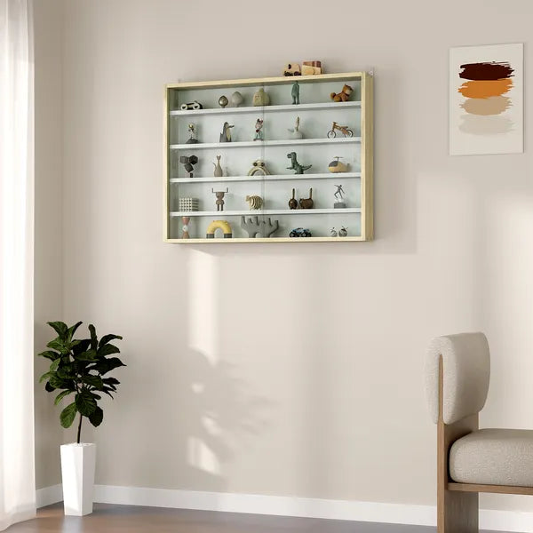 HOMCOM 5-Tier Display Cabinet, Wall-Mounted Display Case with 2 Glass Doors and Adjustable Shelves, Oak and White - product image 7