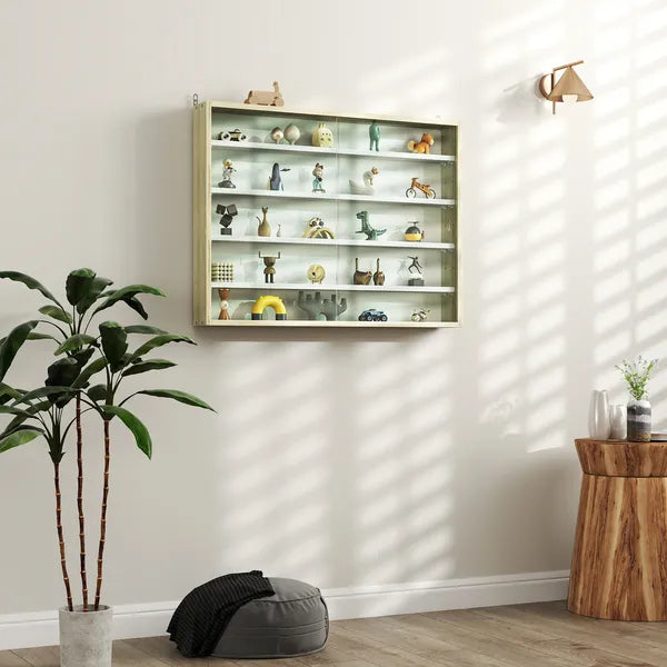 HOMCOM 5-Tier Display Cabinet, Wall-Mounted Display Case with 2 Glass Doors and Adjustable Shelves, Oak and White - product image 2