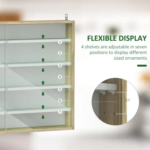 HOMCOM 5-Tier Display Cabinet, Wall-Mounted Display Case with 2 Glass Doors and Adjustable Shelves, Oak and White - product image 4