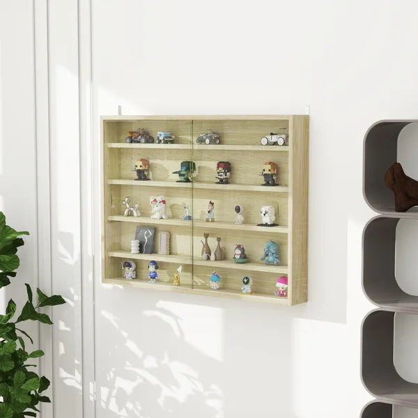 HOMCOM 5-Tier Display Cabinet, Wall-Mounted Display Case with 2 Glass Doors and Adjustable Shelves, Oak - product image 7