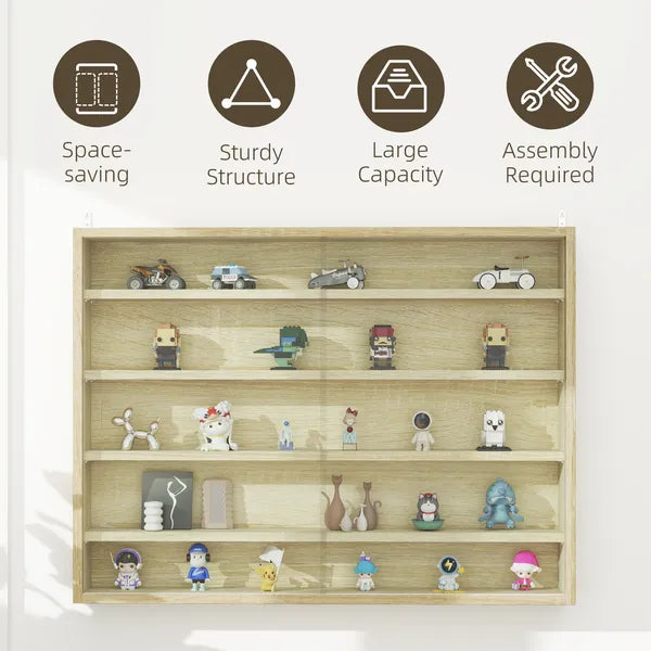 HOMCOM 5-Tier Display Cabinet, Wall-Mounted Display Case with 2 Glass Doors and Adjustable Shelves, Oak - product image 6