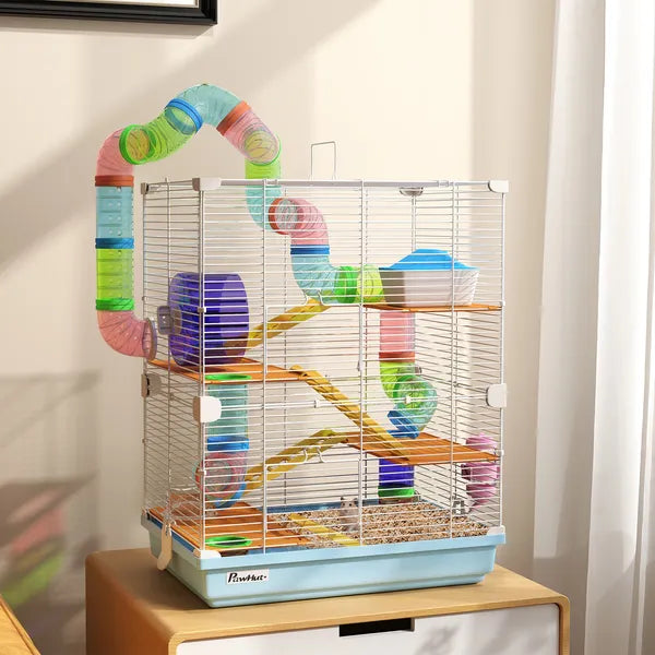 PawHut 5-Tier Hamster Cage, Portable Animal Travel Carrier with Exercise Wheels, Tube, Light Blue - product image 2