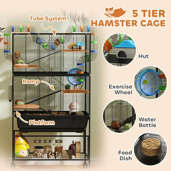 PawHut 5 Tier Hamster Cage, Rolling Rat Cage with Deep Tray, Storage Shelf, Big Exercise Wheel, Hut, Tube System - product image 5